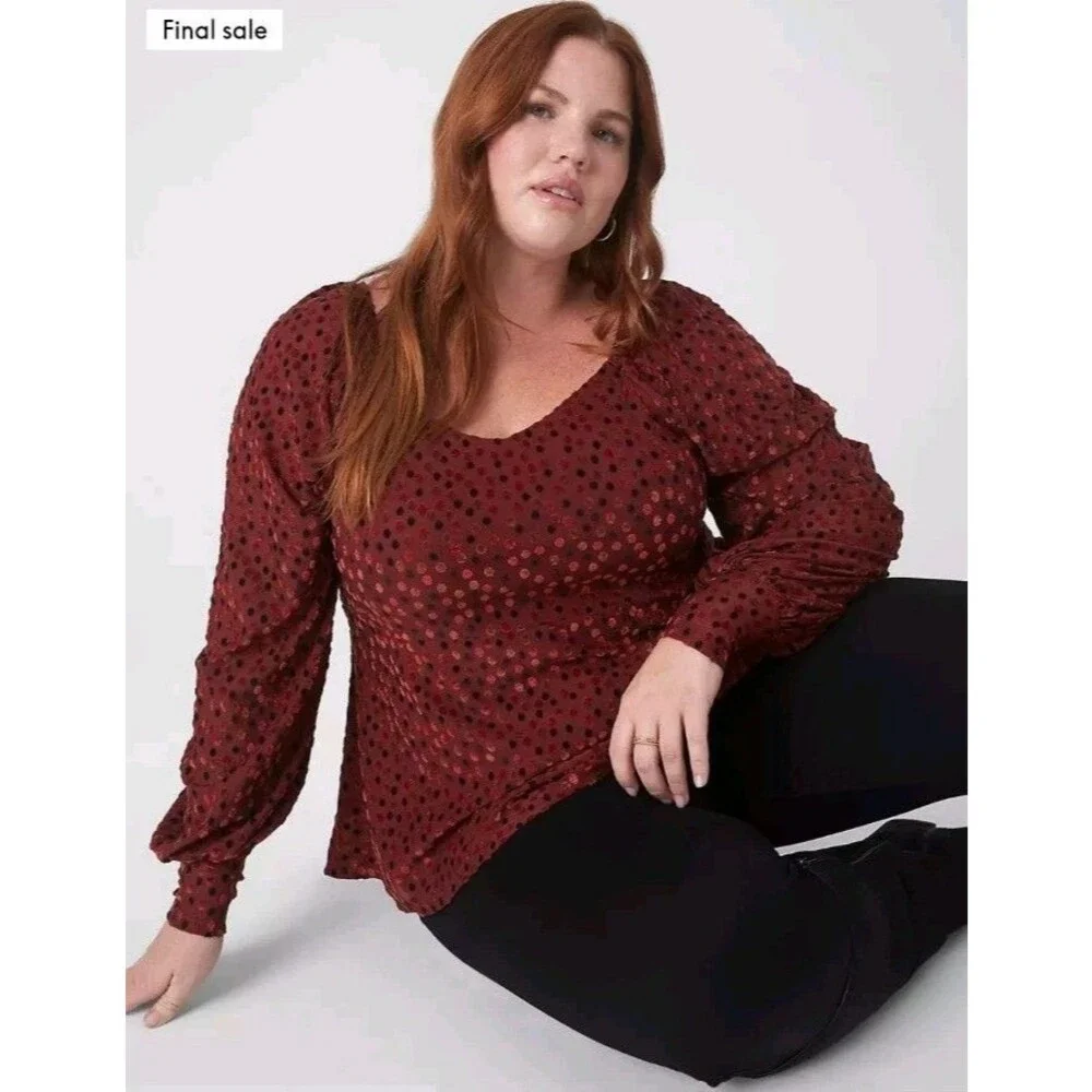 Babydoll Velvet Top Last Letter Burnout Blouson Sleeves Sz 14 Lane Bryant - Picture 3 of 16